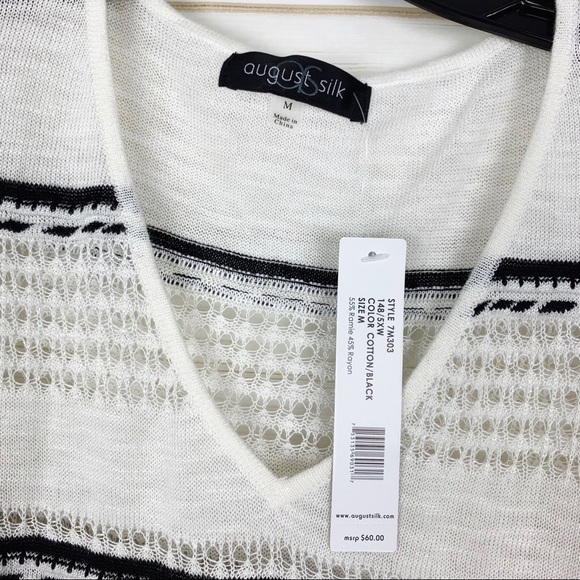 August Silk Black White Striped V Neck Fringe Semi Sheer Pullover Sweater Medium - Picture 13 of 15